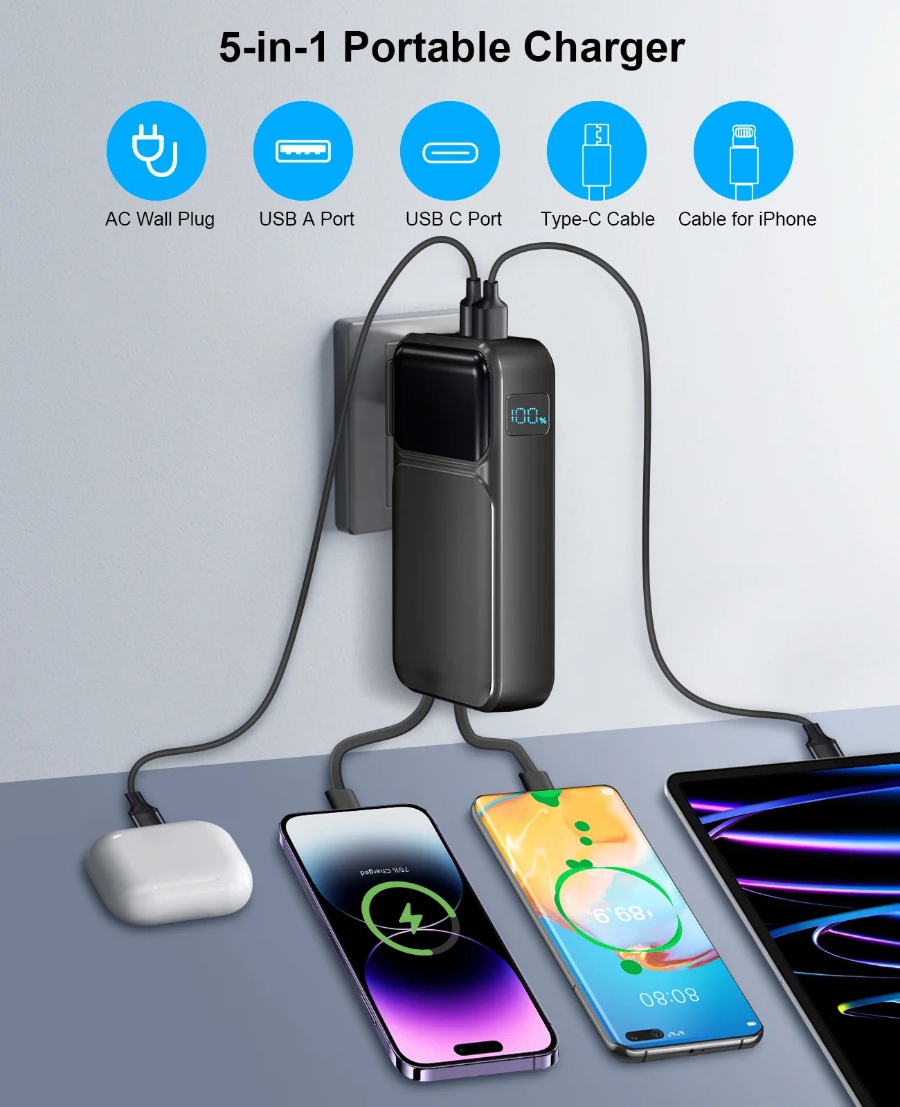 38800Mah Portable Charger Power Bank with Built-In Cable and AC Wall Plug,22.5W Fast Charging Battery Pack,Compatible with Iphone/Android with LED Display(Black)-Travel Essentials