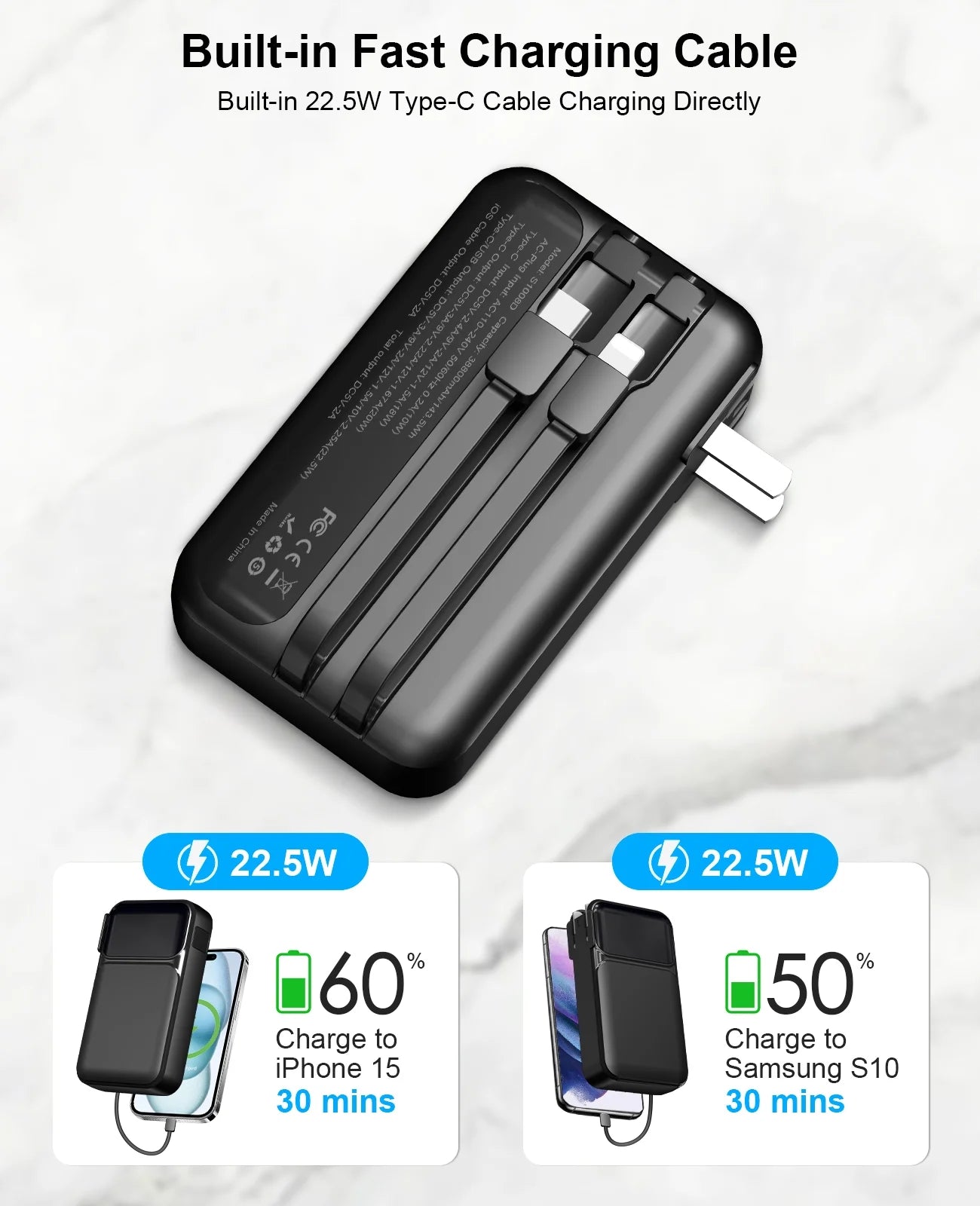 38800Mah Portable Charger Power Bank with Built-In Cable and AC Wall Plug,22.5W Fast Charging Battery Pack,Compatible with Iphone/Android with LED Display(Black)-Travel Essentials