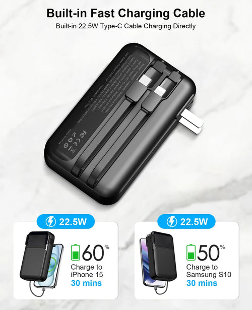 38800Mah Portable Charger Power Bank with Built-In Cable and AC Wall Plug,22.5W Fast Charging Battery Pack,Compatible with Iphone/Android with LED Display(Black)-Travel Essentials