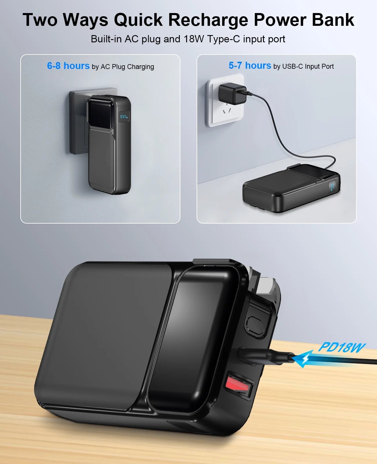 38800Mah Portable Charger Power Bank with Built-In Cable and AC Wall Plug,22.5W Fast Charging Battery Pack,Compatible with Iphone/Android with LED Display(Black)-Travel Essentials