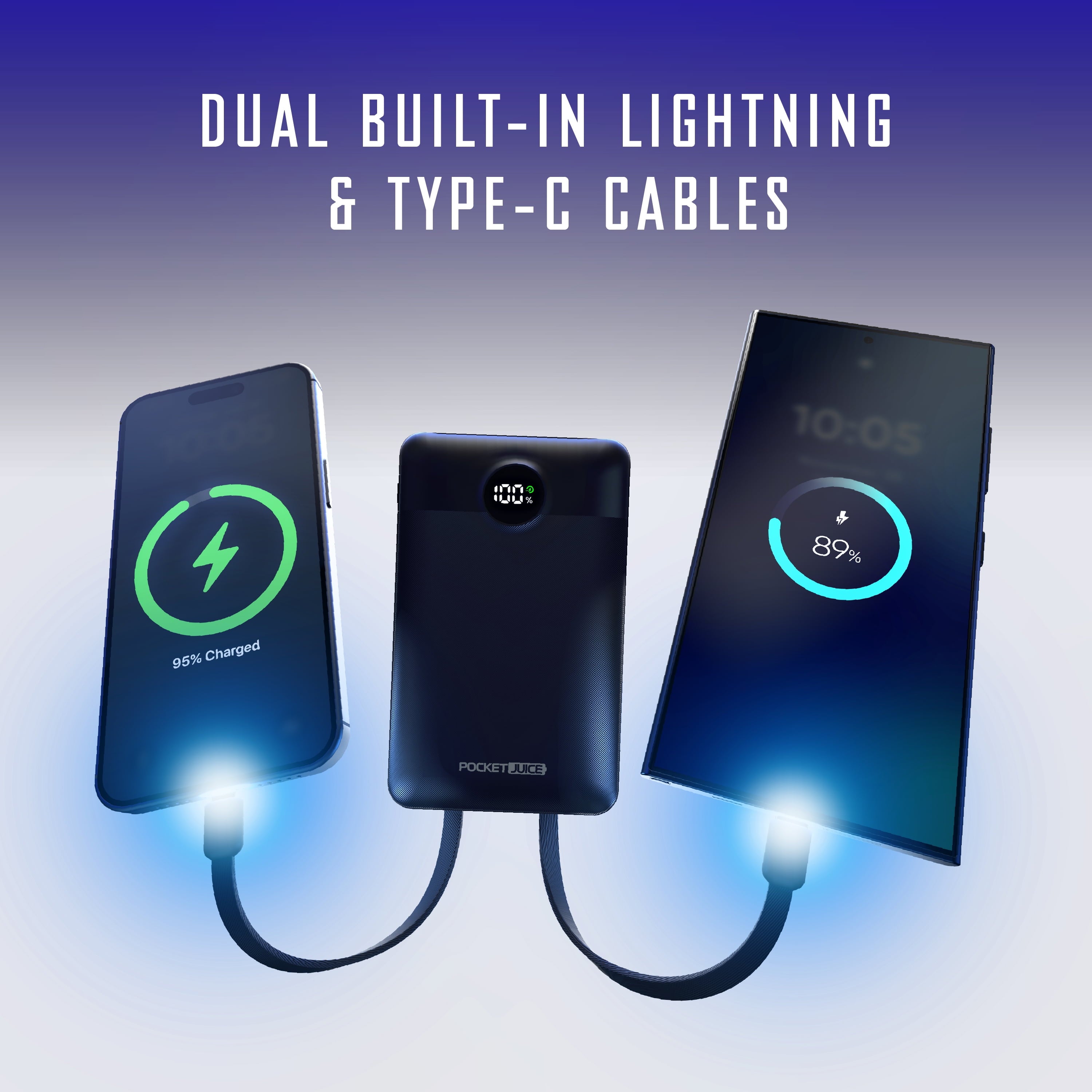 Force 10,000Mah Portable Charger Power Bank – Slim Portable Phone Charger with Built-In USB-C & Lightning Cables