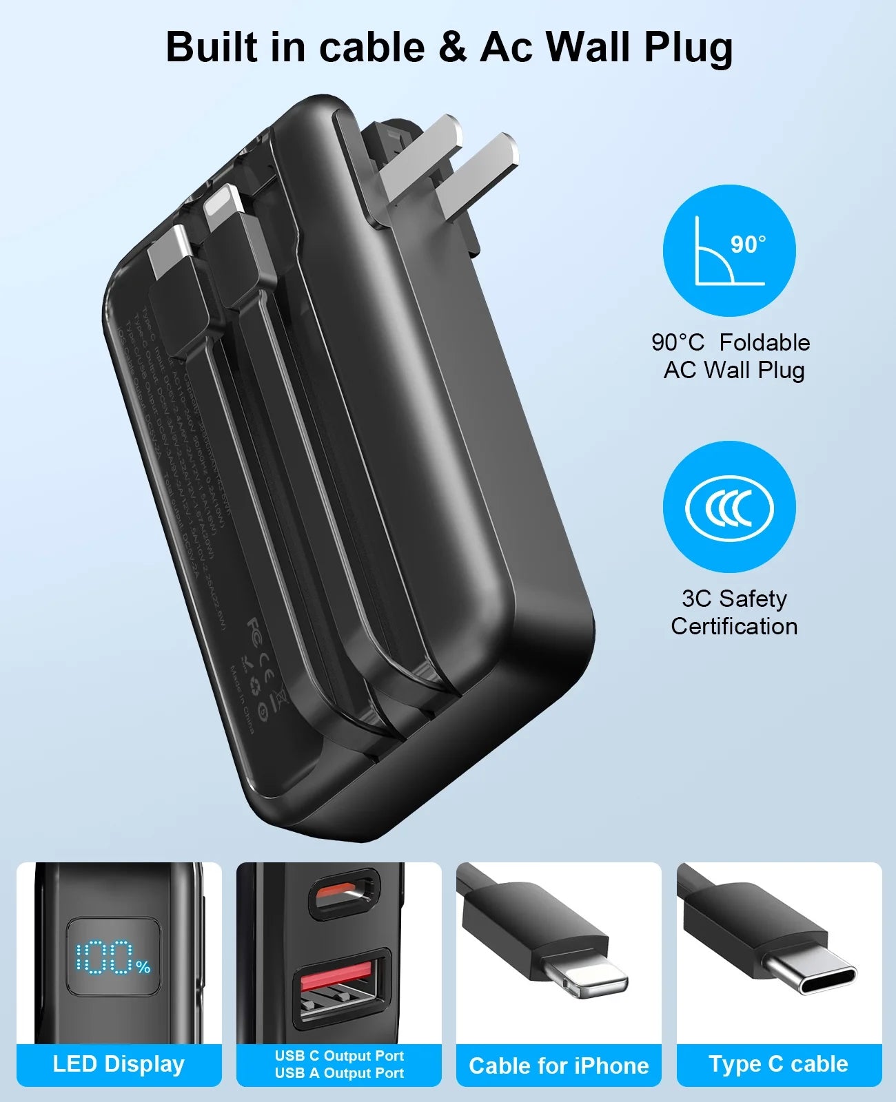 38800Mah Portable Charger Power Bank with Built-In Cable and AC Wall Plug,22.5W Fast Charging Battery Pack,Compatible with Iphone/Android with LED Display(Black)-Travel Essentials