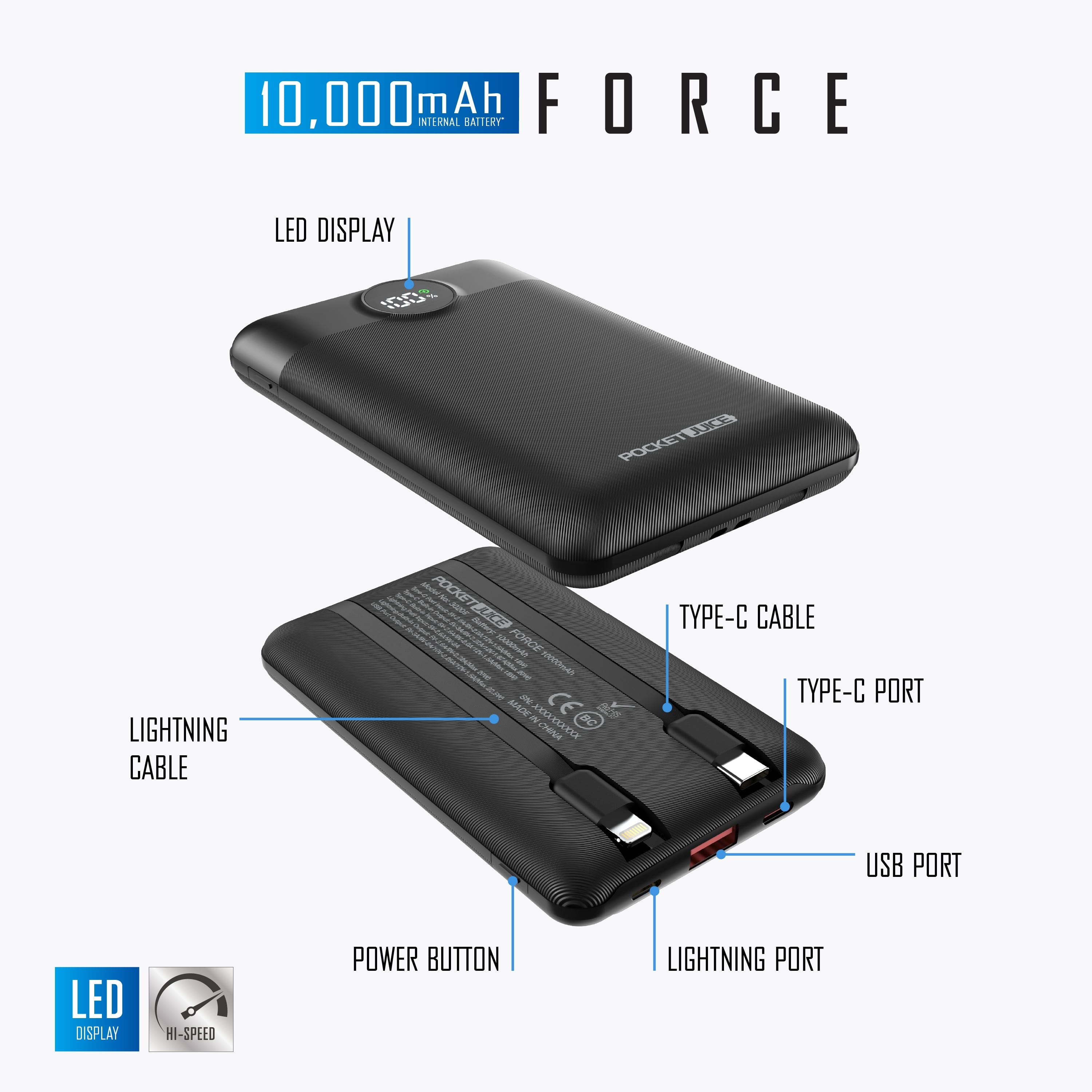 Force 10,000Mah Portable Charger Power Bank – Slim Portable Phone Charger with Built-In USB-C & Lightning Cables